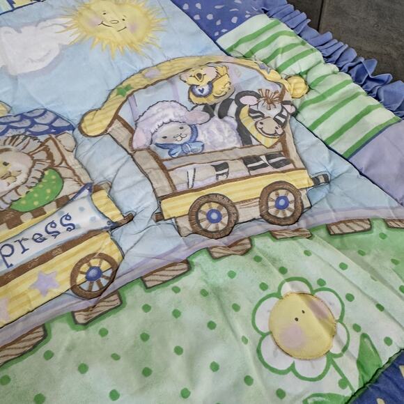 Baby Express Quilt Blanket Blue Ruffle Patchwork Animals Train Nursery Decor - Picture 4 of 11